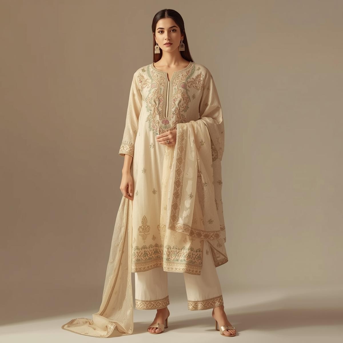 Beige Embroidered Anarkali Suit with Dupatta