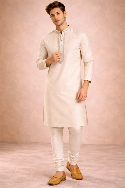Royal Cream Embroidered Kurta Churidar Set