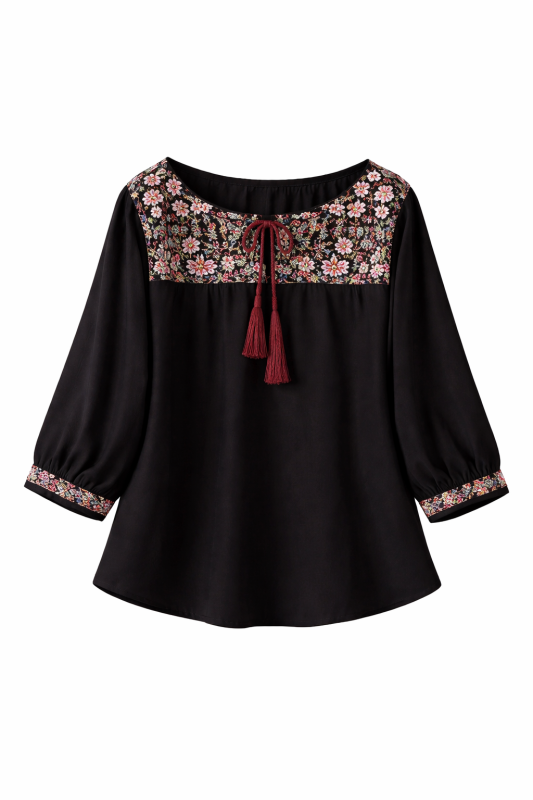 Black Boho Floral Embroidered Top