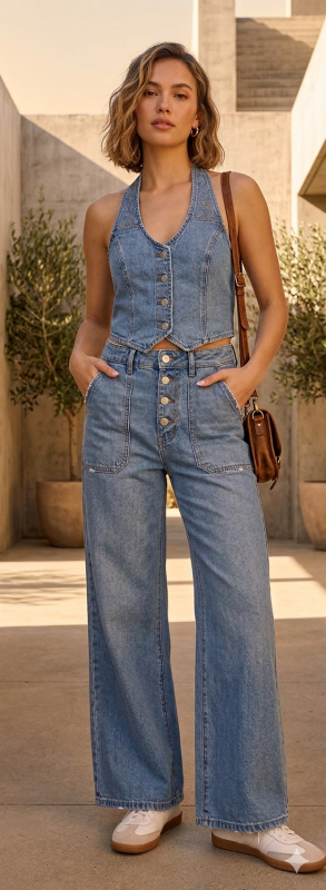 Denim Button-Front Crop Top & High-Waist Shorts Set