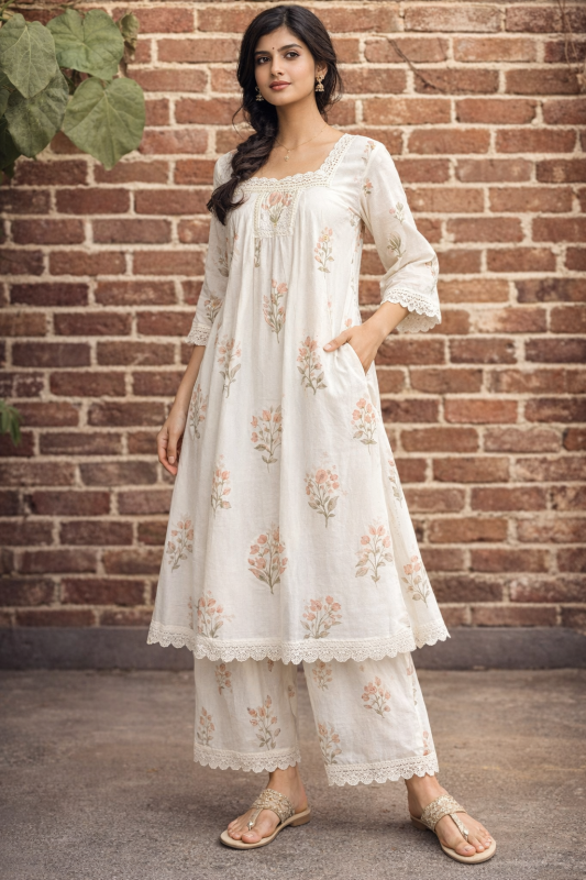 Elegant Ivory Floral Kurta Palazzo Set