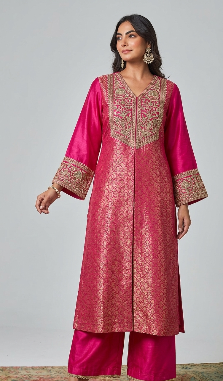 Rani Pink Embroidered Silk Kurta Set