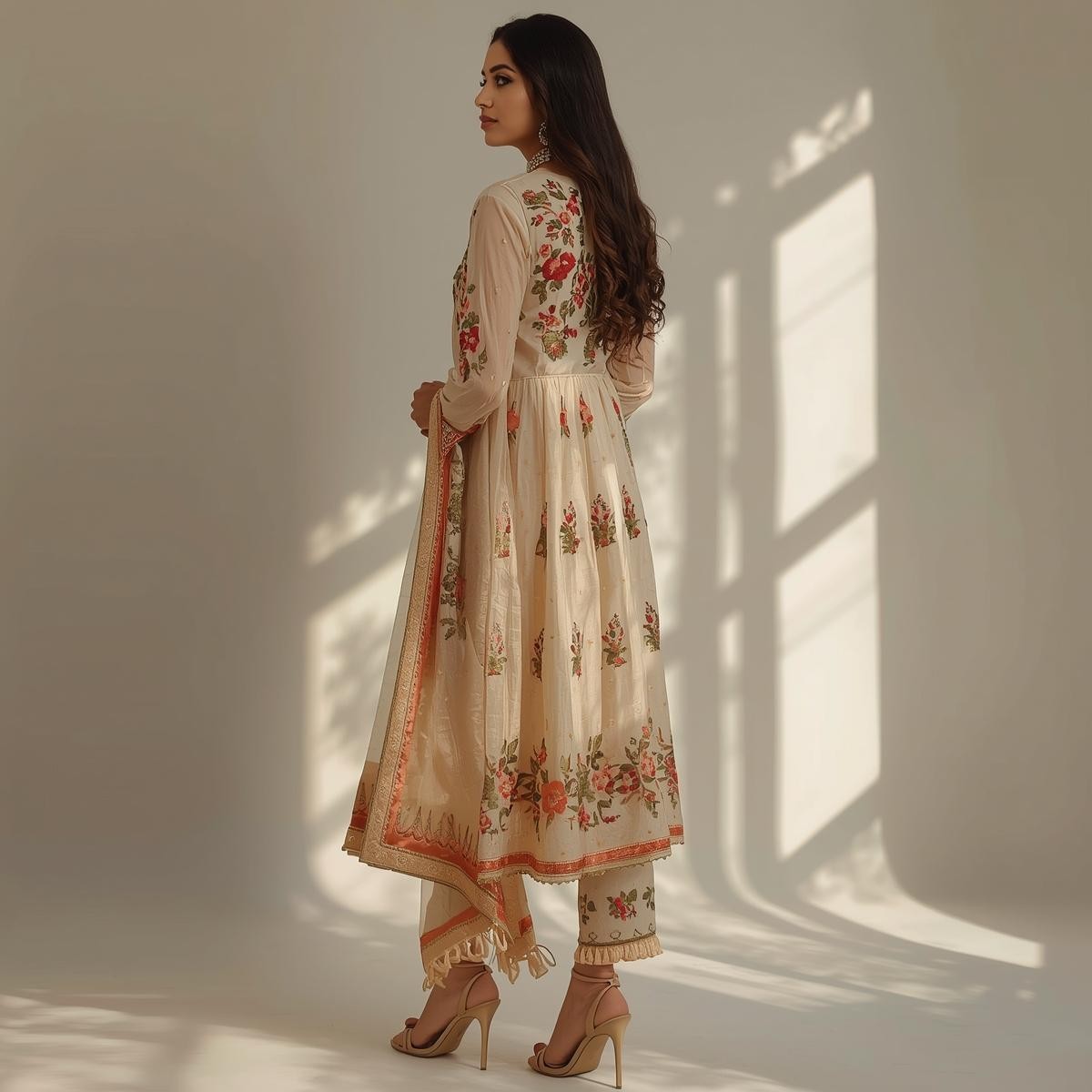 Beige Floral Anarkali Dress