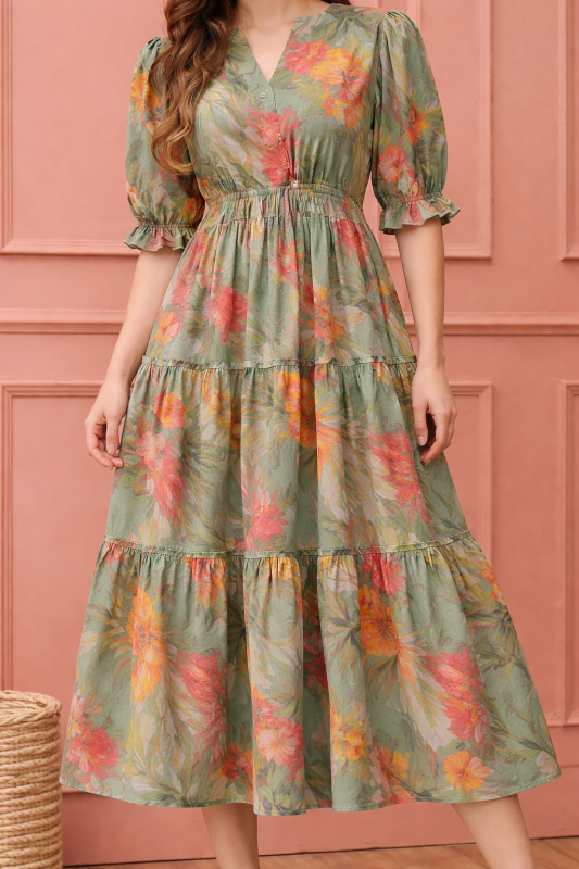 Elegant Sage Green Floral Midi Dress