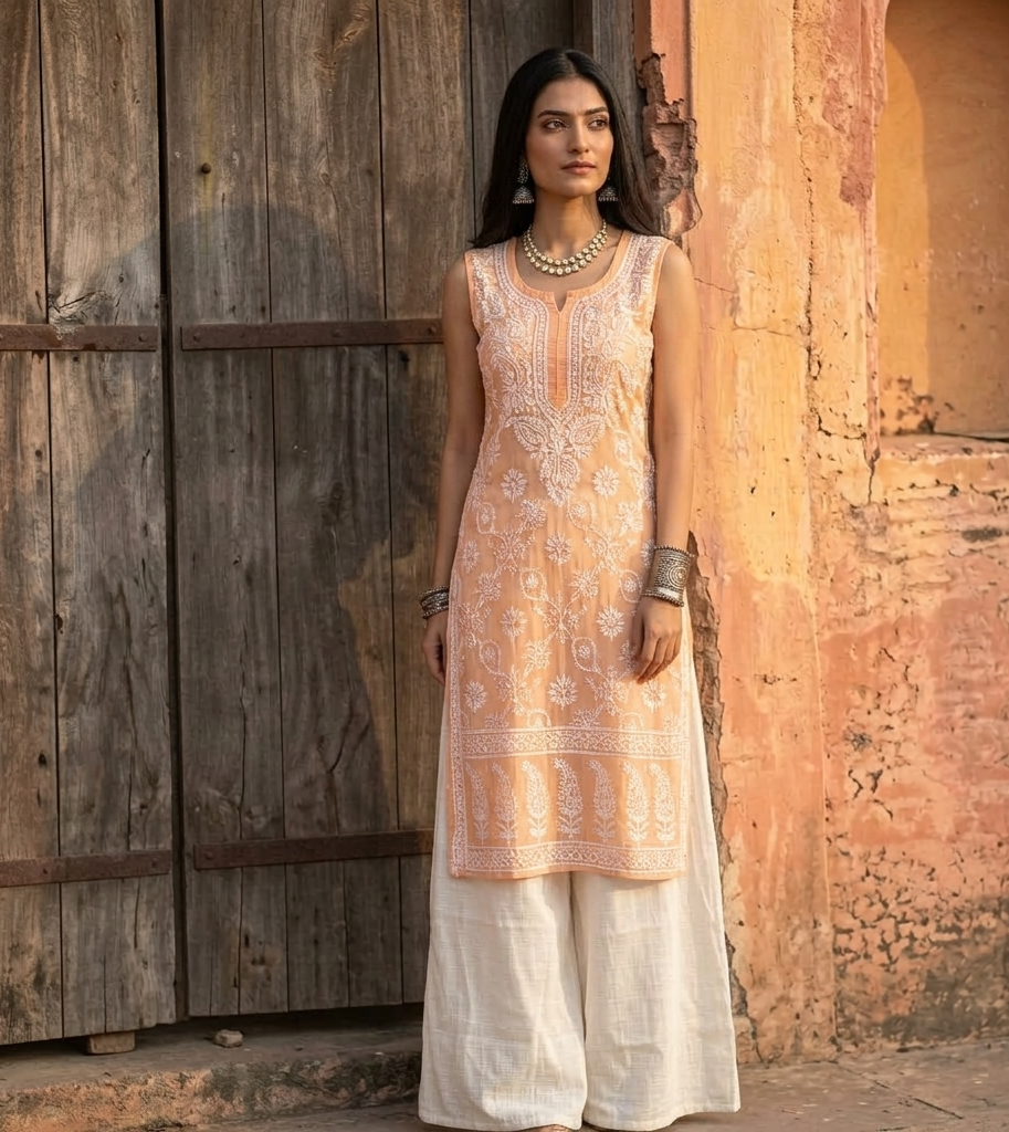 Peach Embroidered Straight Kurta with Off-White Palazzo