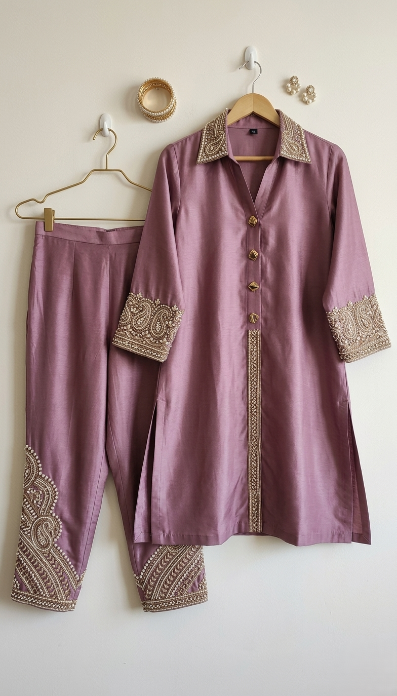 Lavender Silk Kurta Set with Embroidered Pants