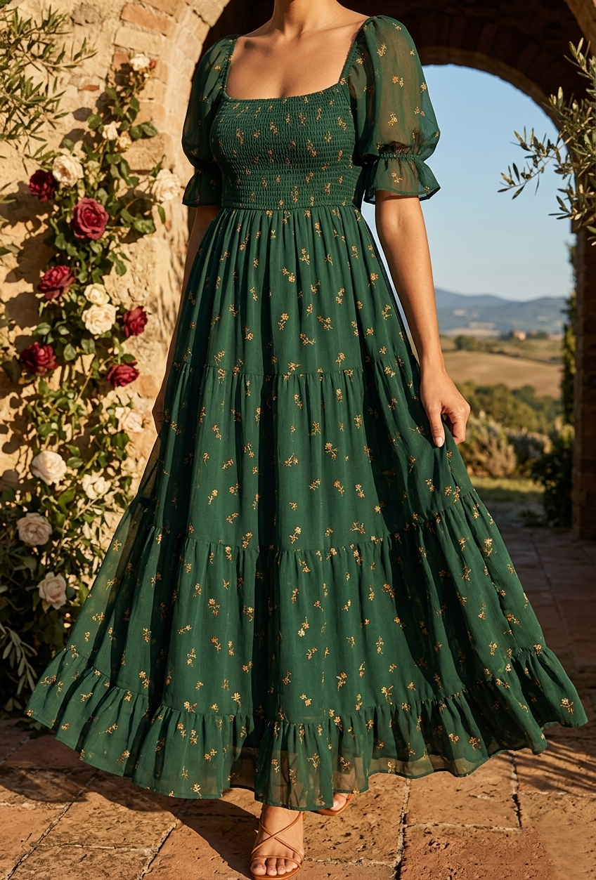 Elegant Dark Green Floral Maxi Dress