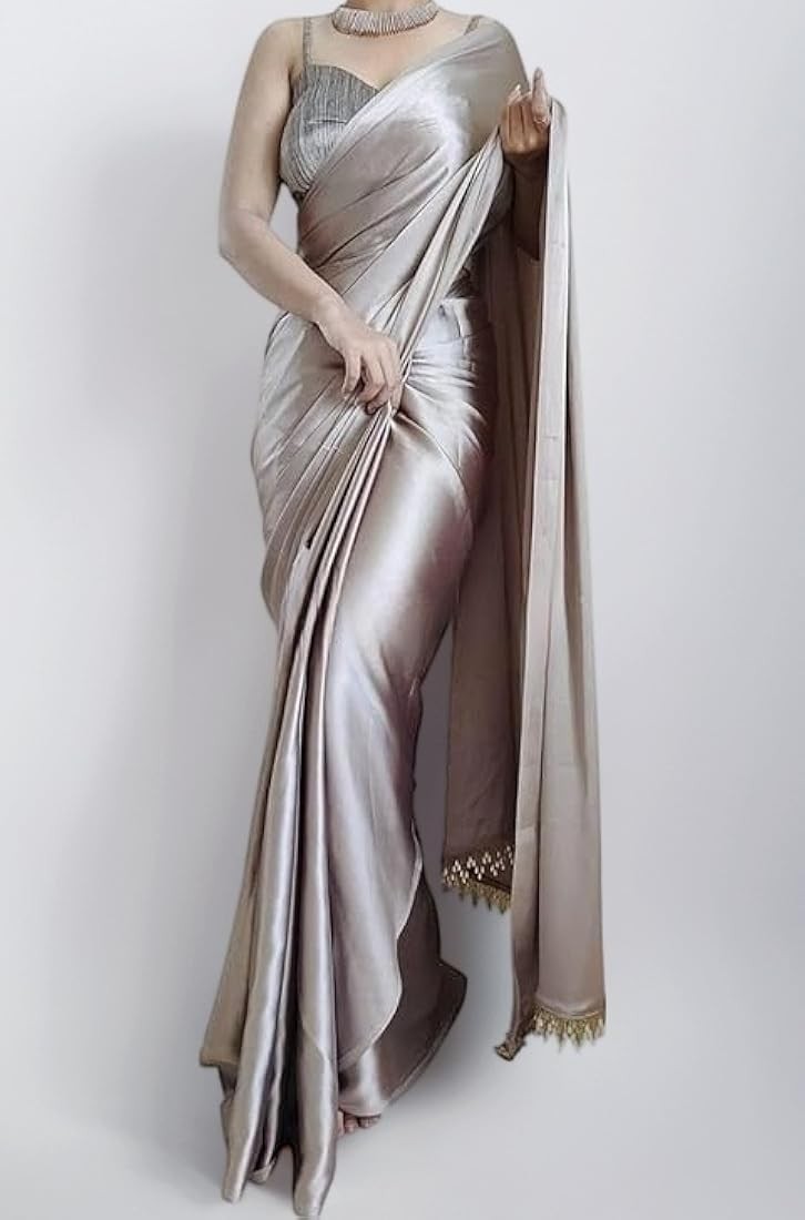 Champagne Gold Satin Designer Saree