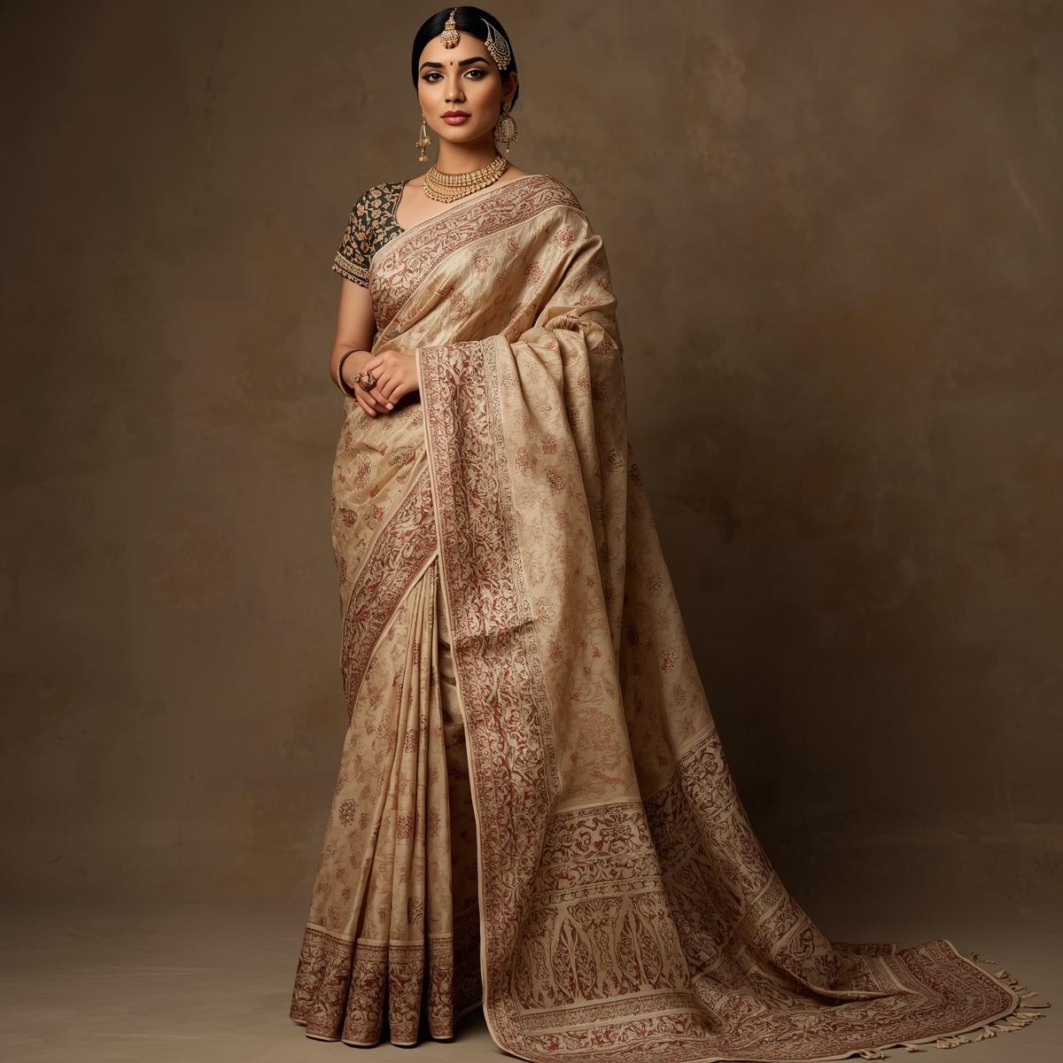 Royal Beige Embroidered Silk Saree