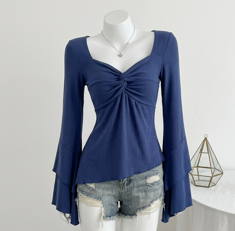 Navy Blue Twist Front Bell Sleeve Top