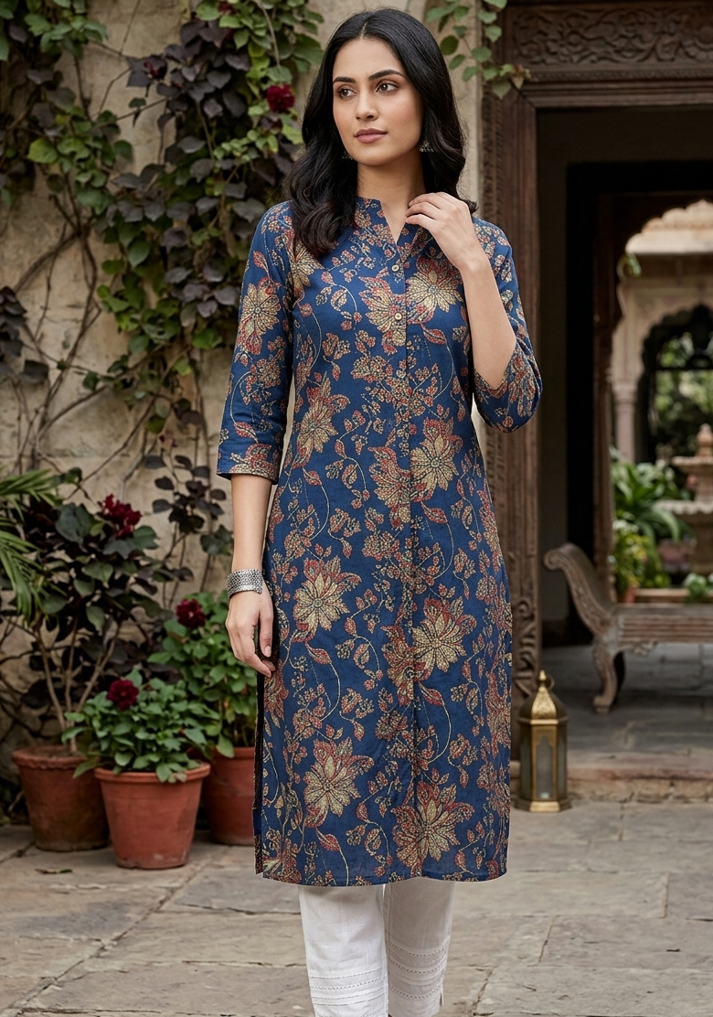 Elegant Blue Floral Ethnic Kurta
