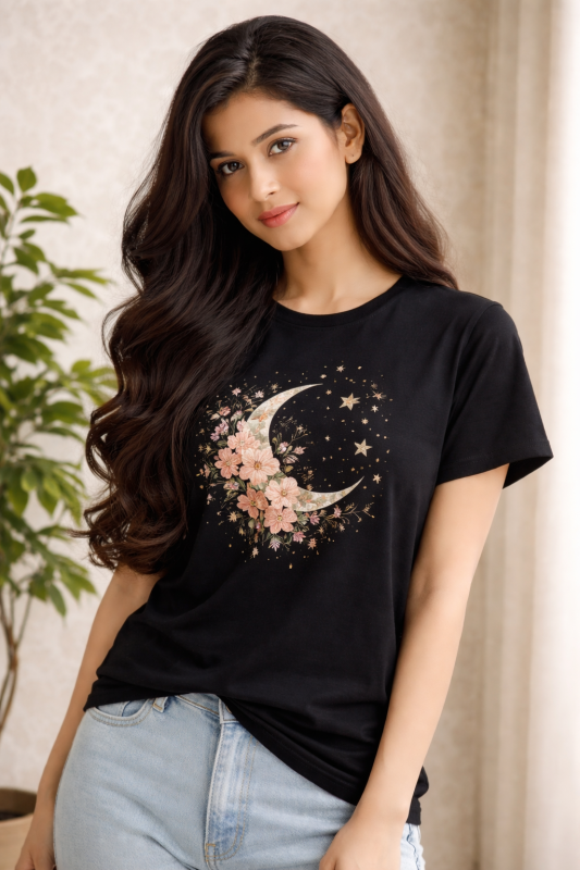 Midnight Floral Moon Graphic T-Shirt