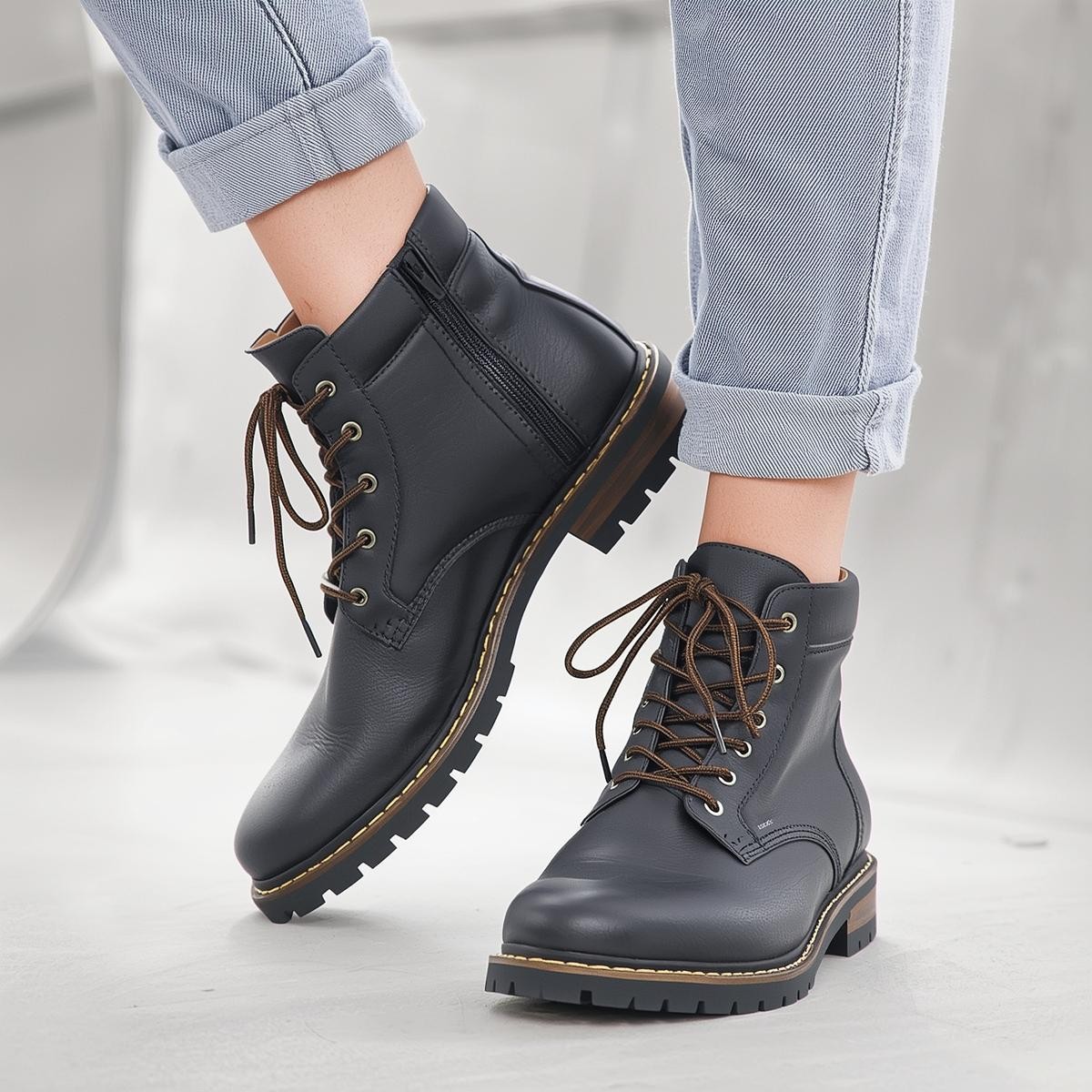 Black Leather Lace-Up Ankle Boots