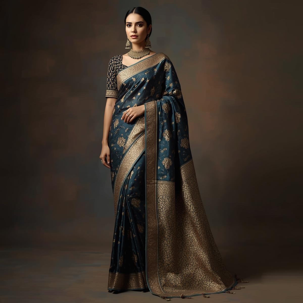 Royal Navy Blue and Gold Silk Saree