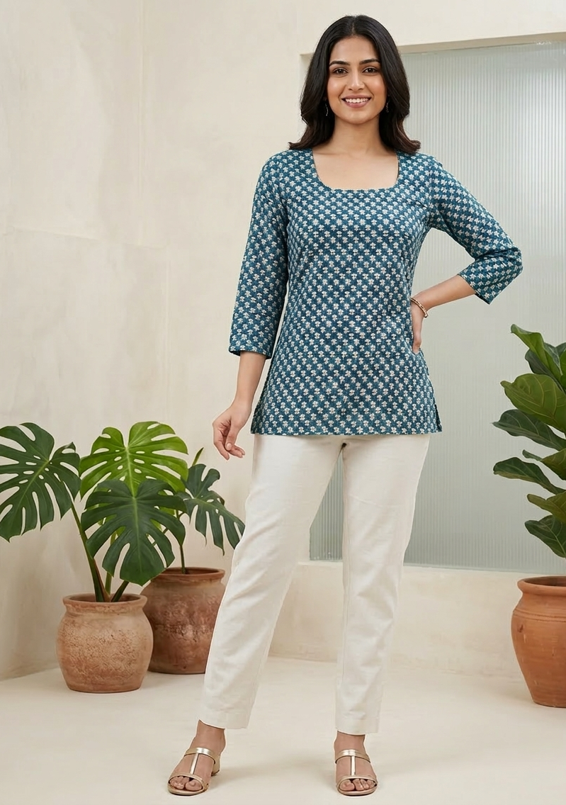 Teal Printed Casual Kurti