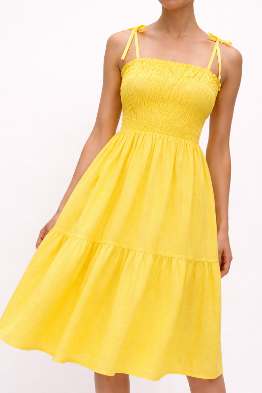 Sunny Yellow Smocked Strap Midi Dress