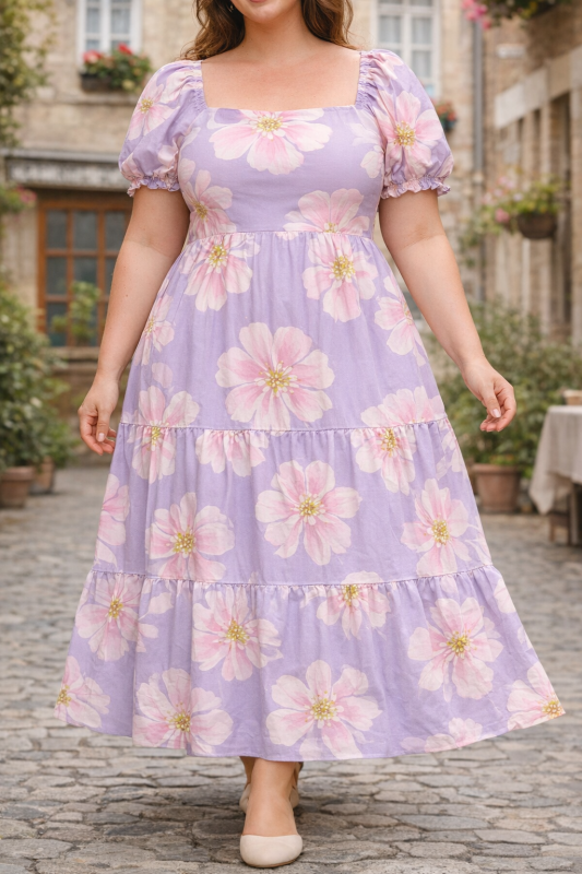 Lavender Blossom Plus-Size Tiered Midi Dress
