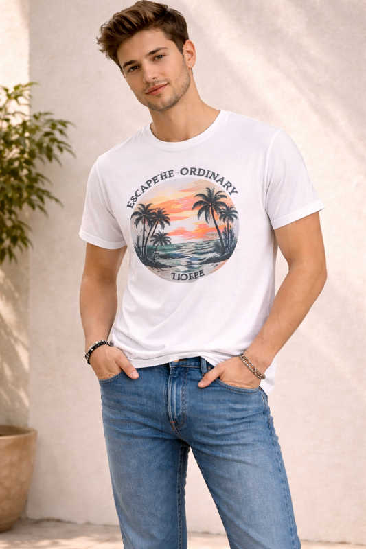 Sunset Palm Graphic White T-Shirt with Denim Jeans