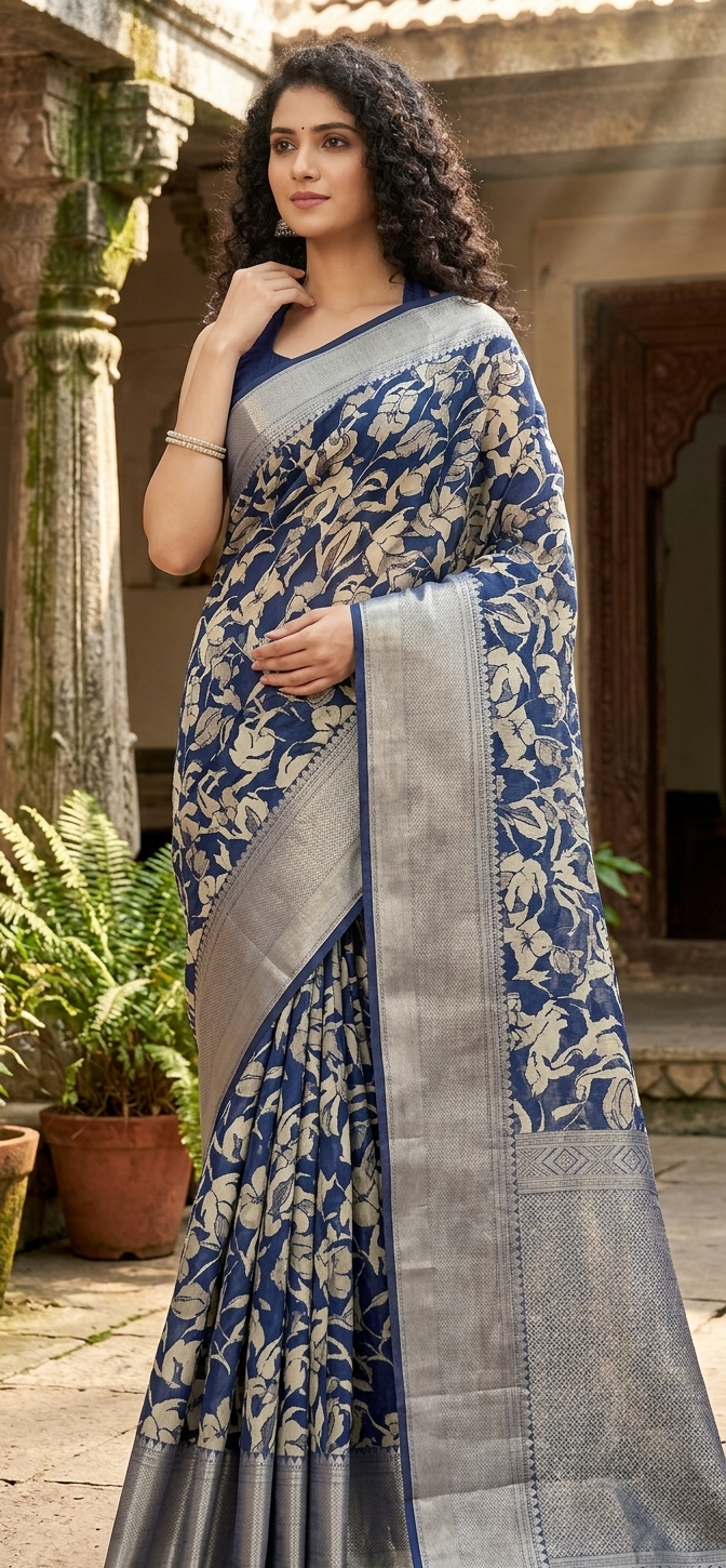 Elegant Blue Floral Printed Saree